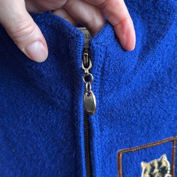 Blue boiled wool full zip adorable cat embroidered vest Lisa International M - Picture 11 of 15